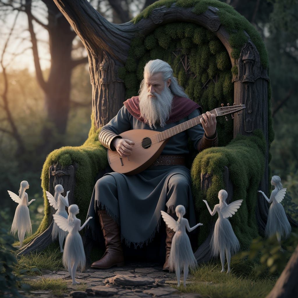 In a hidden grove, bathed in the soft glow of twilight, a silver-haired Viking elder sits upon a moss-covered ...  by @astra artsa