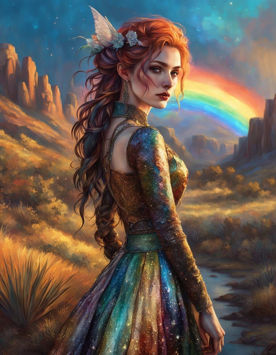 Impressionist Girl in Wild West Landscape with Rainbow Spark...