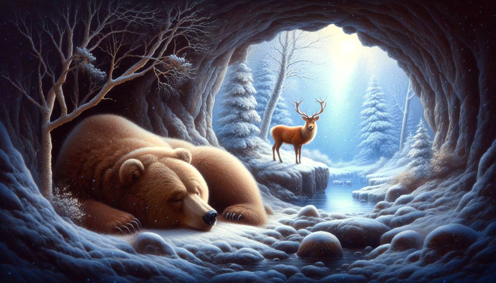 Sleeping bear and deer.  preparing  for  winter.