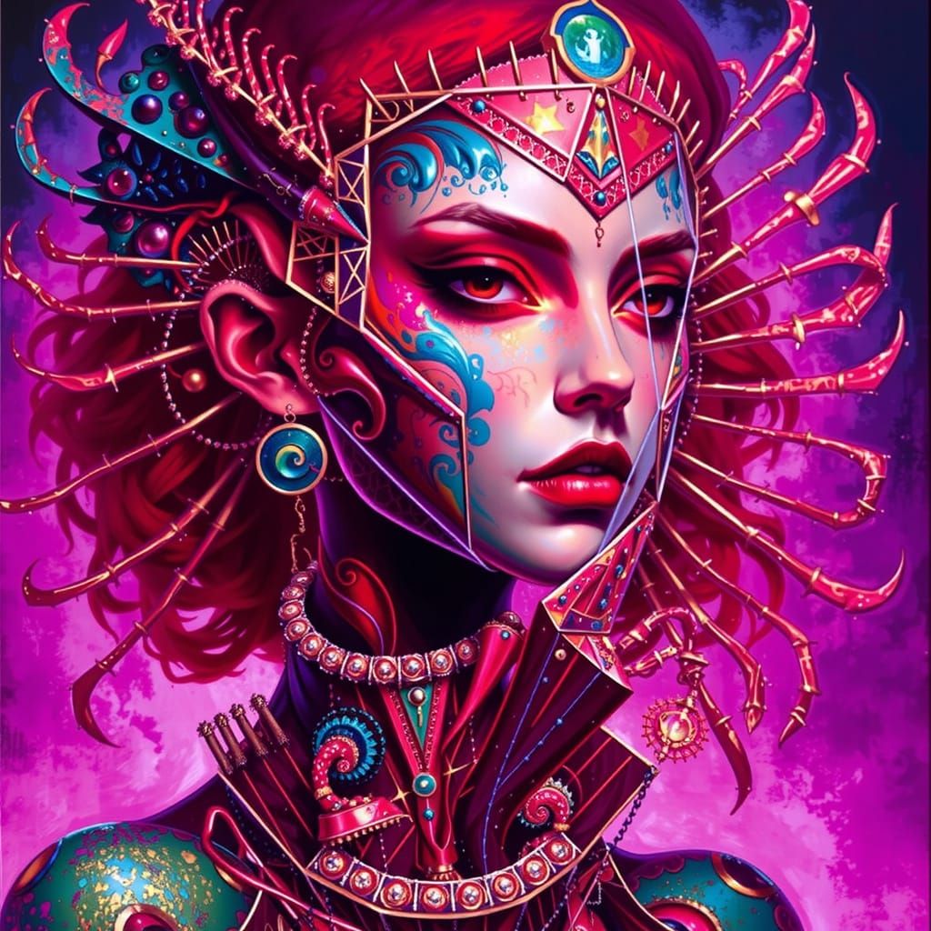 Fractal Angles, Dodecaedron, expressionism, abstract art, fantastical, psychedelic, oil on canvas, deep triadic colors, dark colors, fractal...