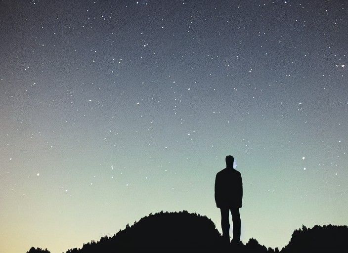 Silhouette of a man standing on a hill looking at night sky - AI ...