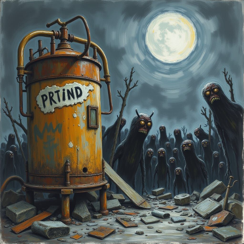 unnatural creepy text, (Text: "DysTurbd ChaWx") as a logo appearing on the side of a rusty gas tank.

A crude, wide-stroke, child-like chalk...