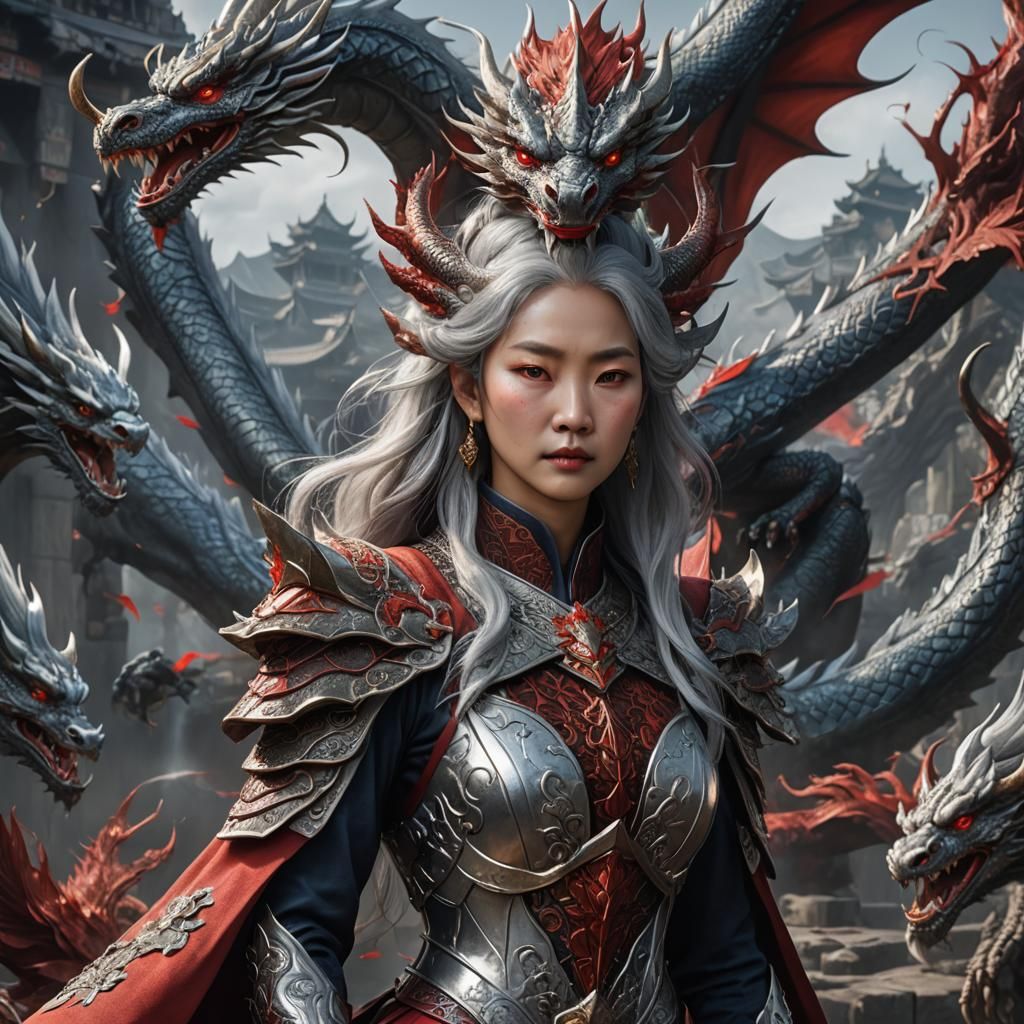 Korean lady silver hair red dragon queen