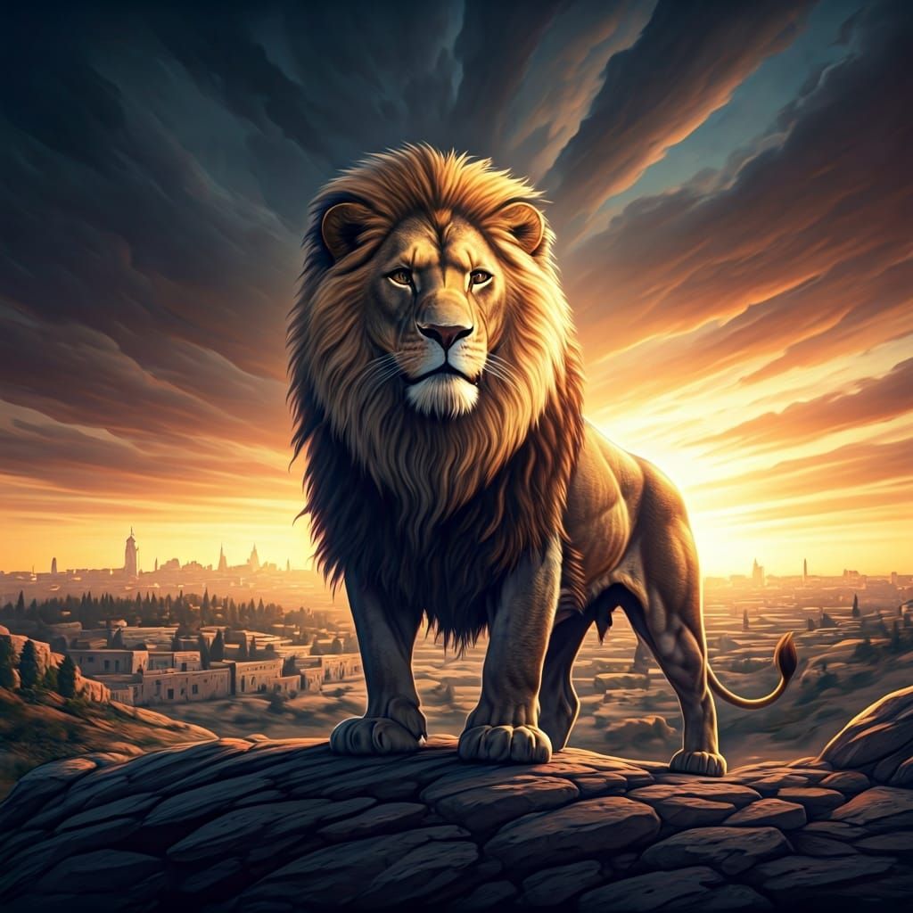 Majestic Lion Overlooking Jerusalem in Dramatic Lighting