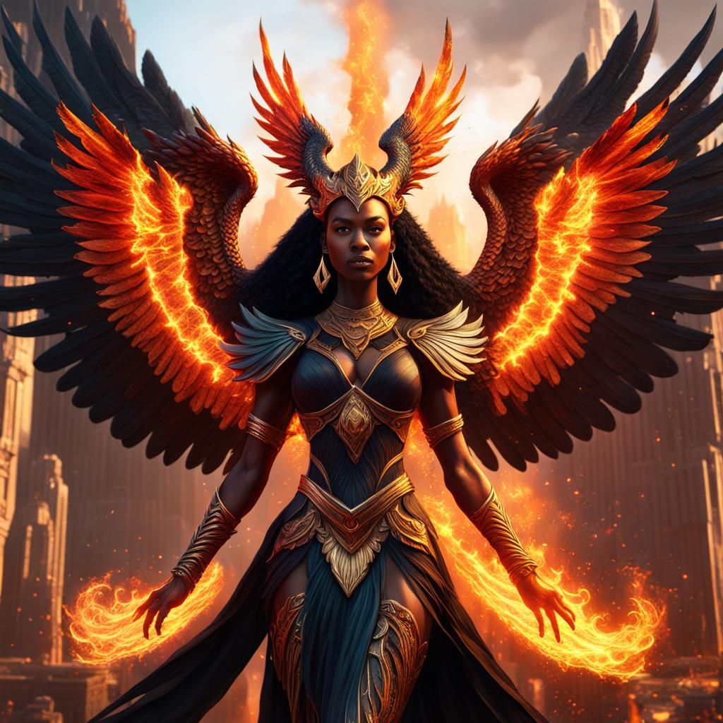 a beautiful black goddess sphinix with firey wings of a phoe...