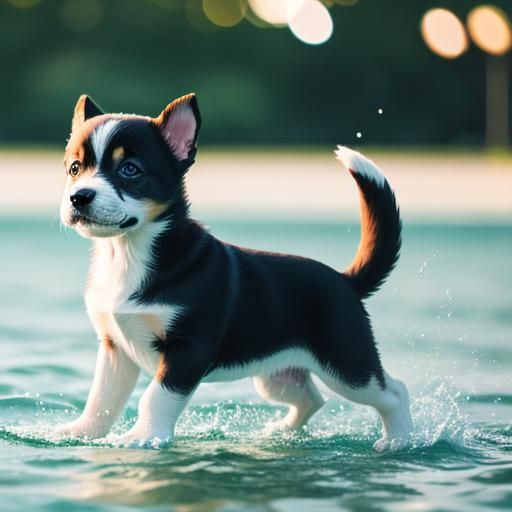 cute huskey puppy playing in the water