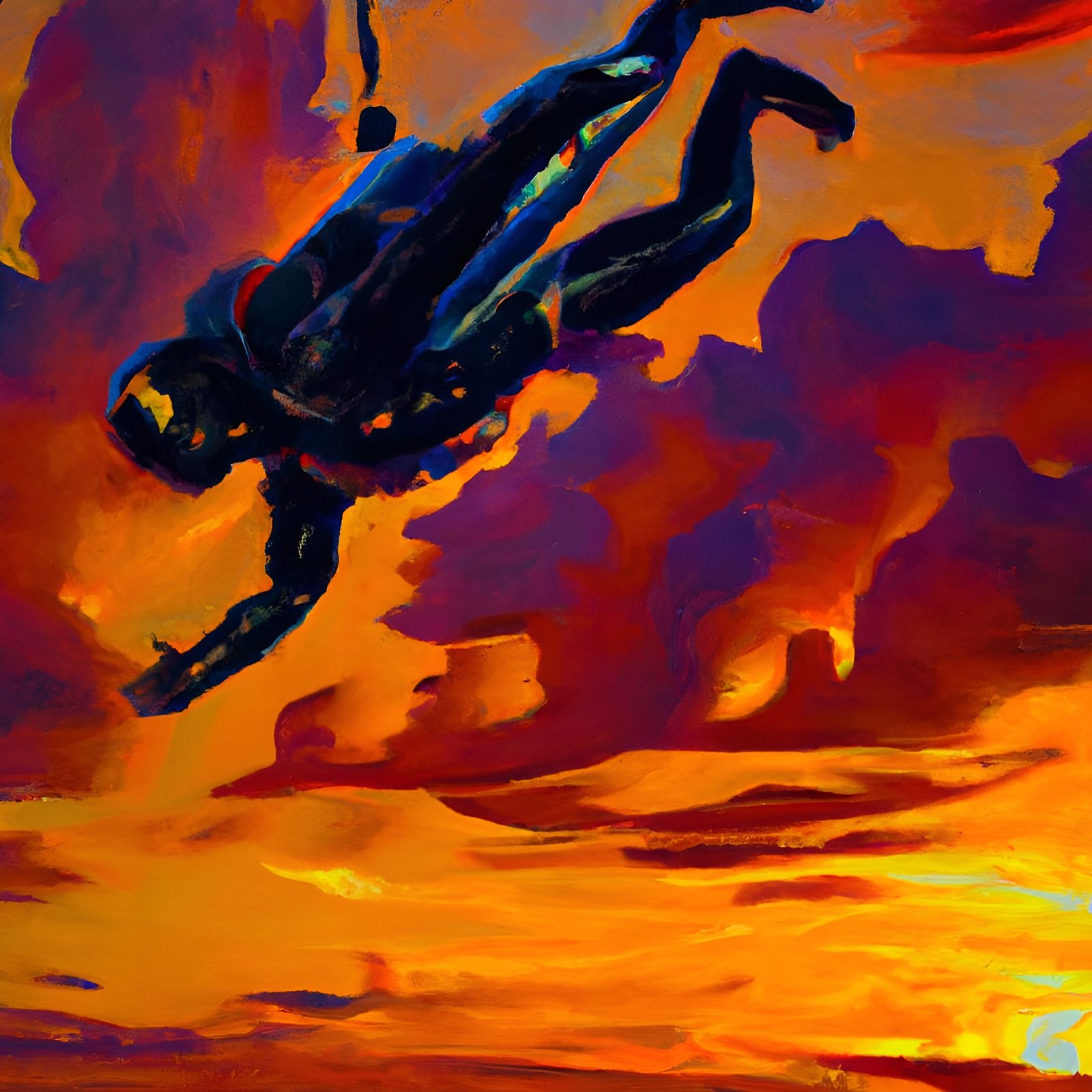 sky diver at sunset parachute out with man attached and floating downward, intricately detailed