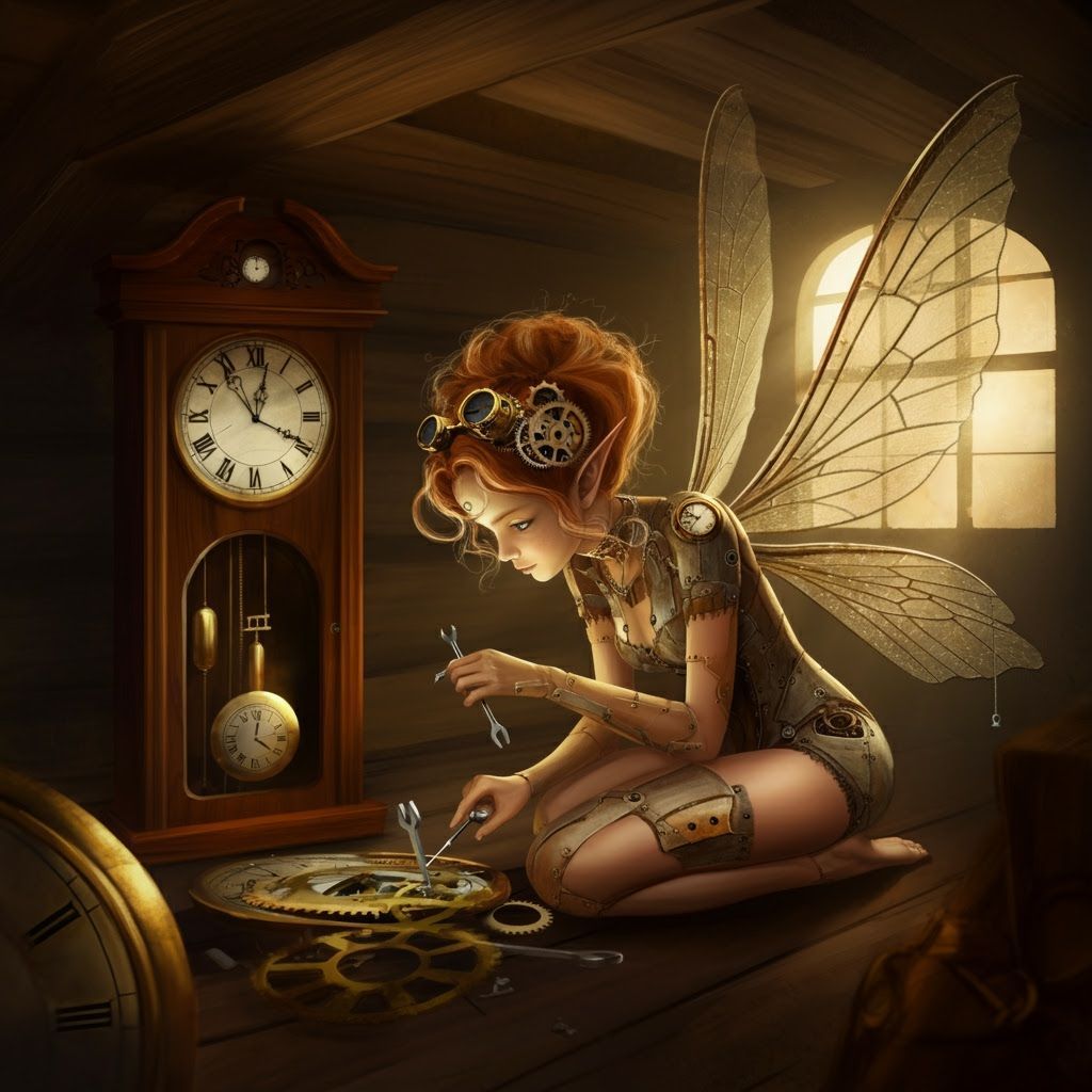 Clockwork Fairy Repairs a Grandfather Clock in Steampunk Sty...