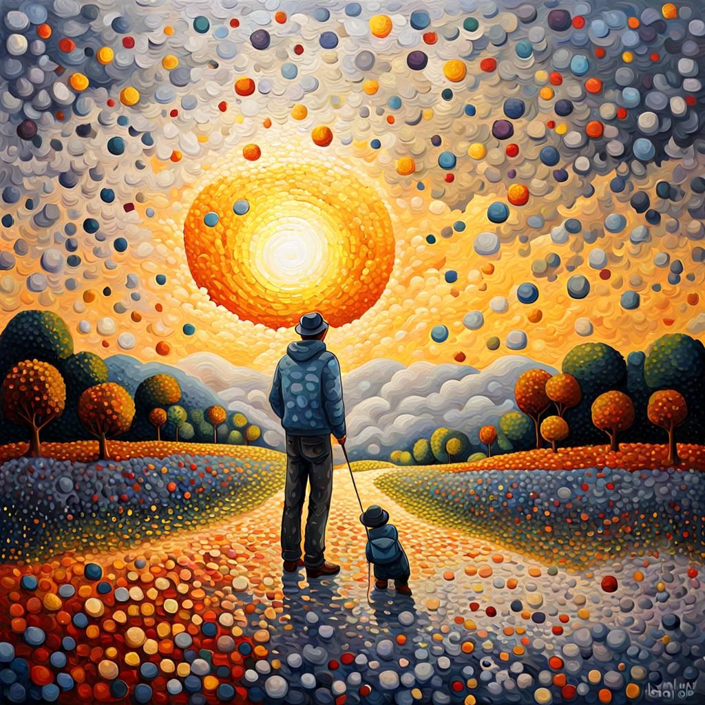 Painter in Pointillism Art Surrounded by Creations