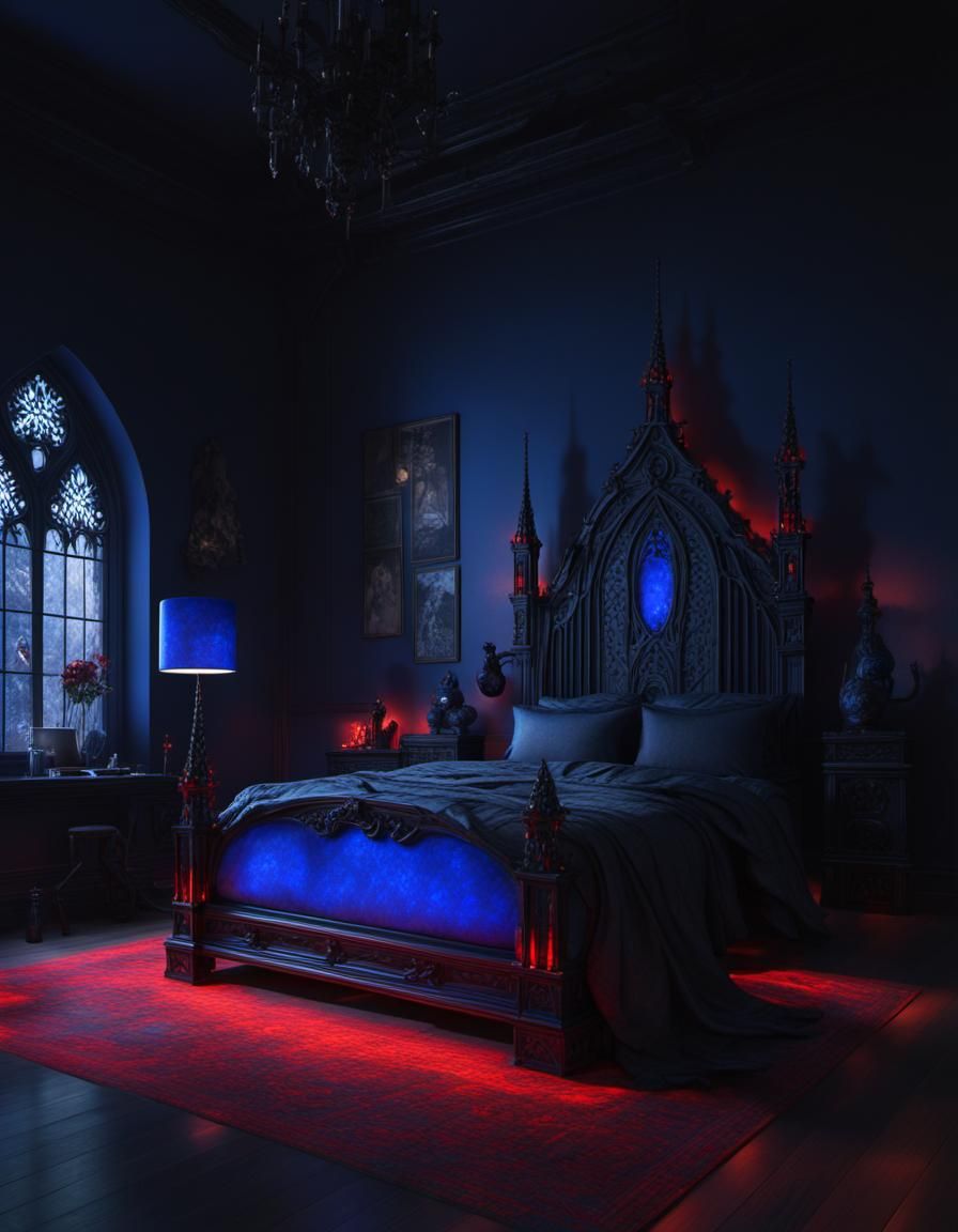 Ethereal cobalt blue bedroom with black accents and red accents& and ...