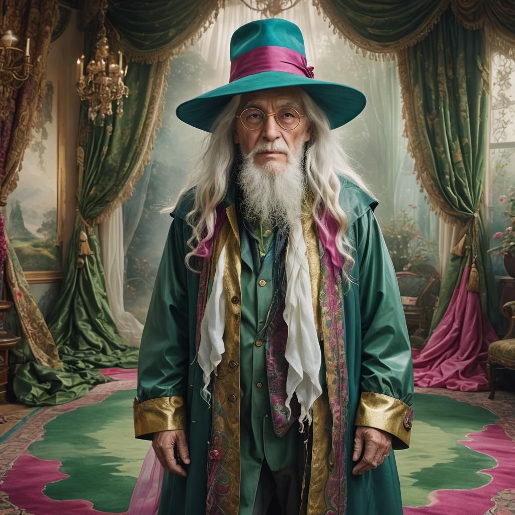 hombre de 140 años con sombreo de ala ancha de medio lado y un tinte de oro zapatillas deportivas y gabardina con vestido de tul de colores...