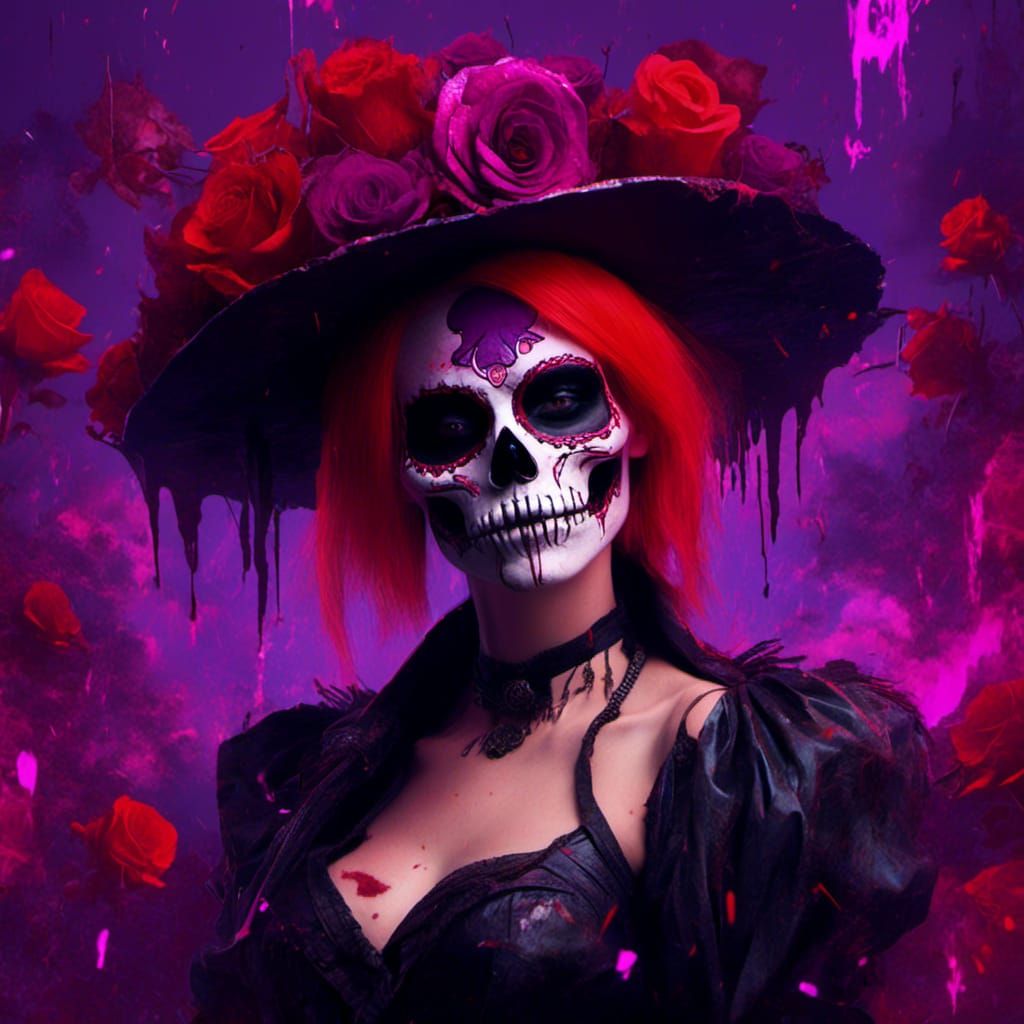 lora:Macabre:1.0> Mexican skull, woman, red hair, black hat, red rose  ornaments, purple roses, yellow roses - AI Generated Artwork - NightCafe  Creator