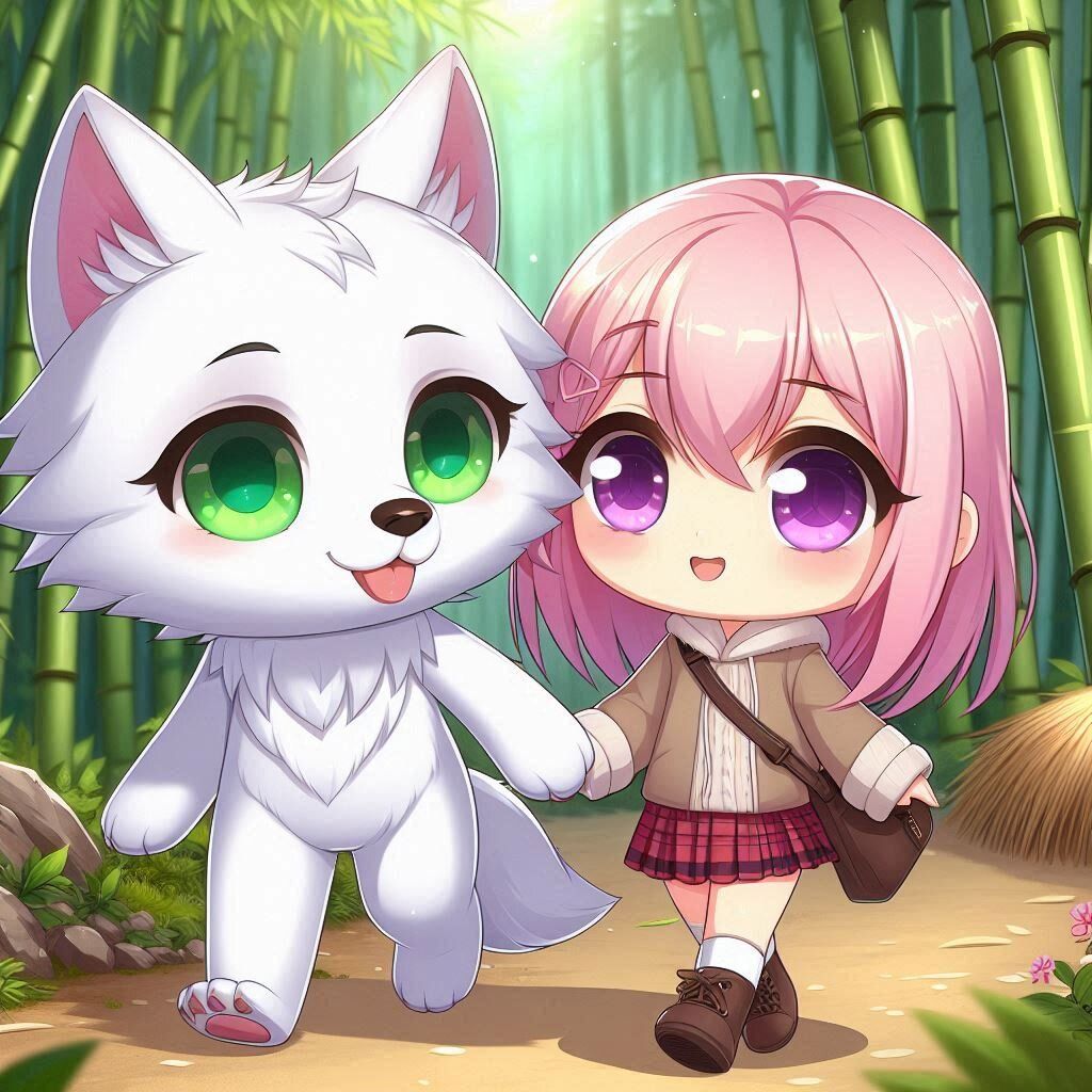 Wolfie and Peony in the bamboo forest