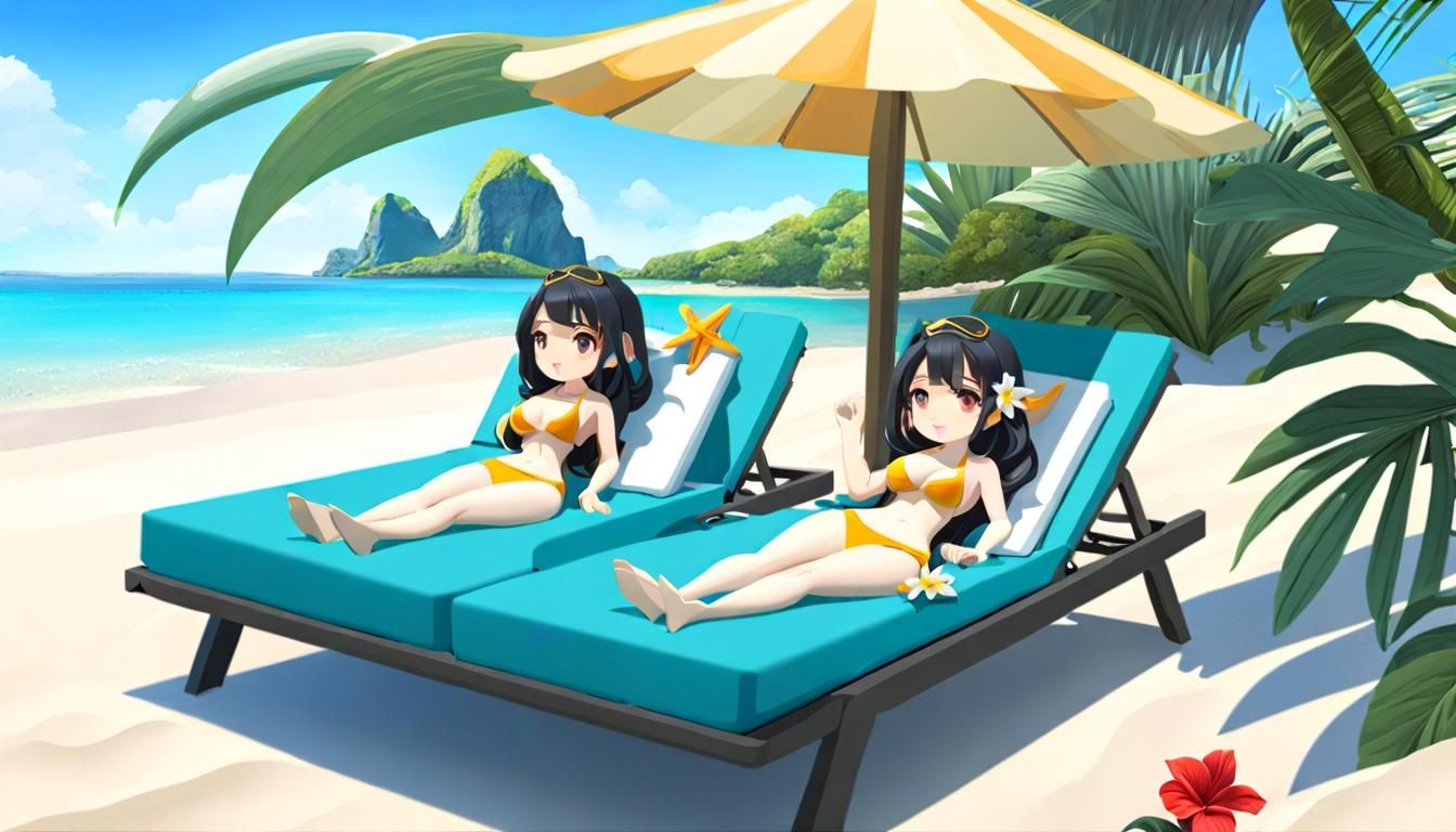 Tropical beach scene with two faeries 🧚 sunbathing