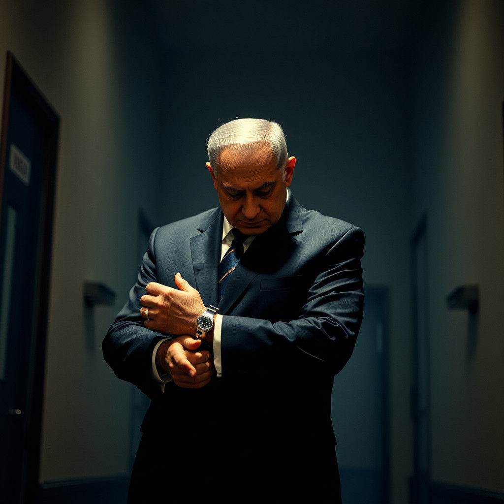 Benjamin Netanyahu in Handcuffs: Cinematic Film Still