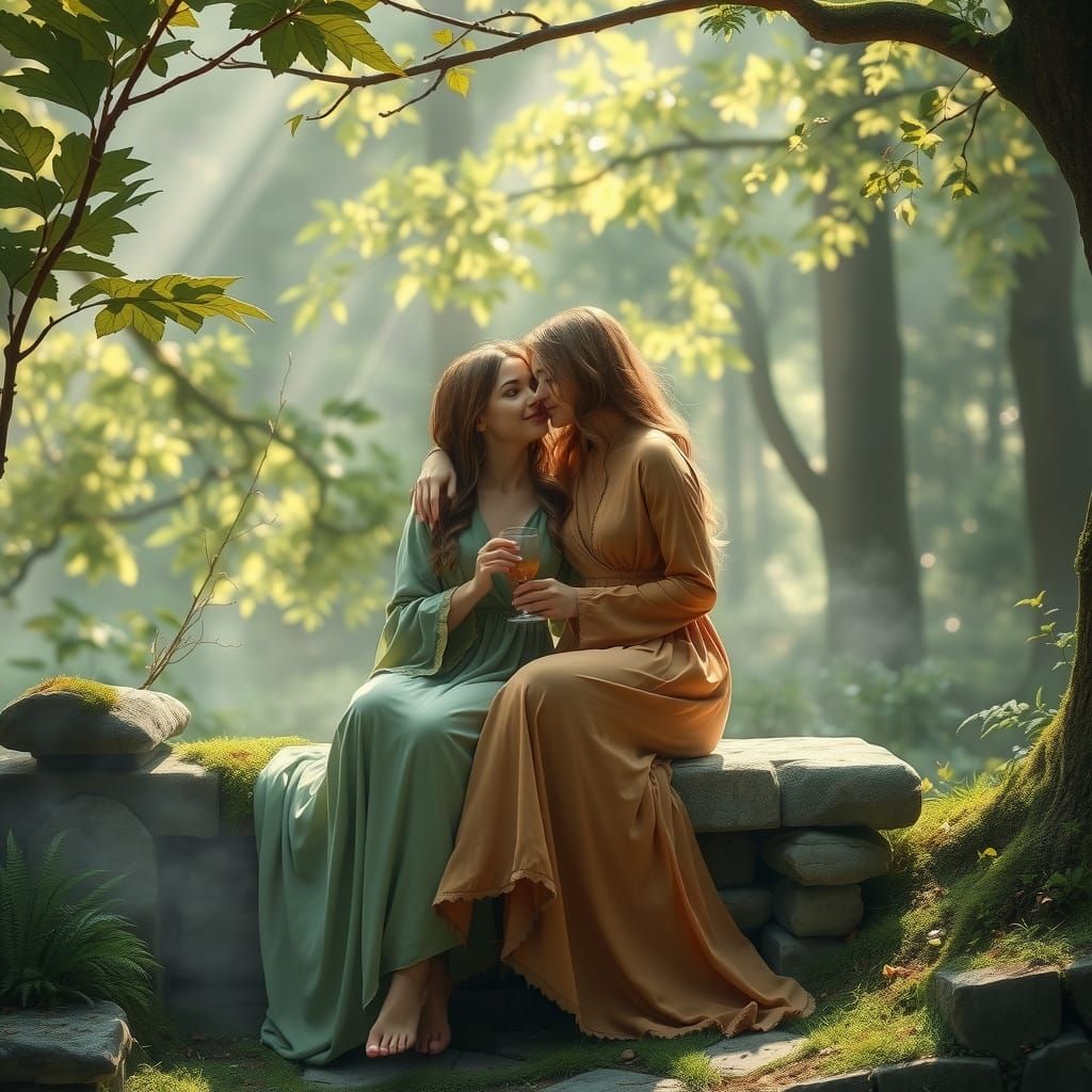 Lesbian couple on a date in the forest