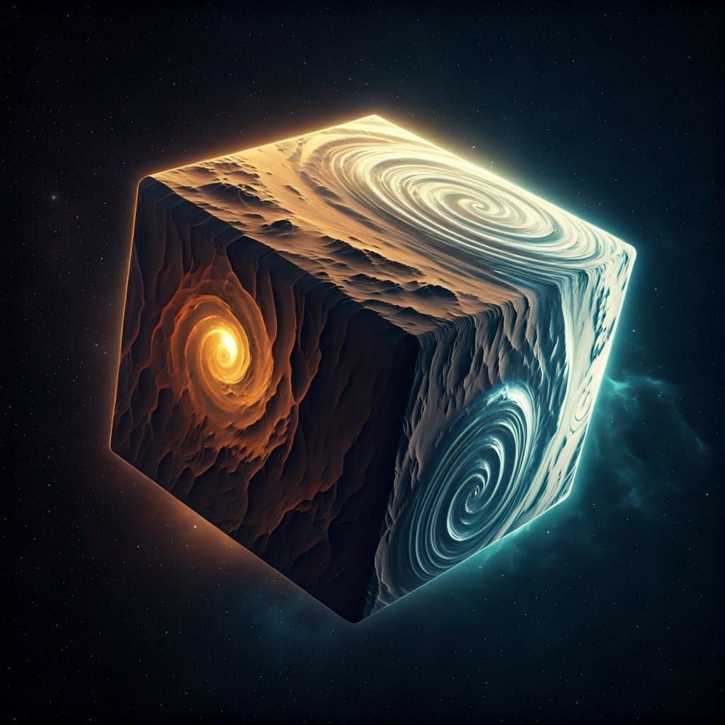 on the silhouette of a cube-shaped planet in deep space. on the planet, desert storms coexist with water storms