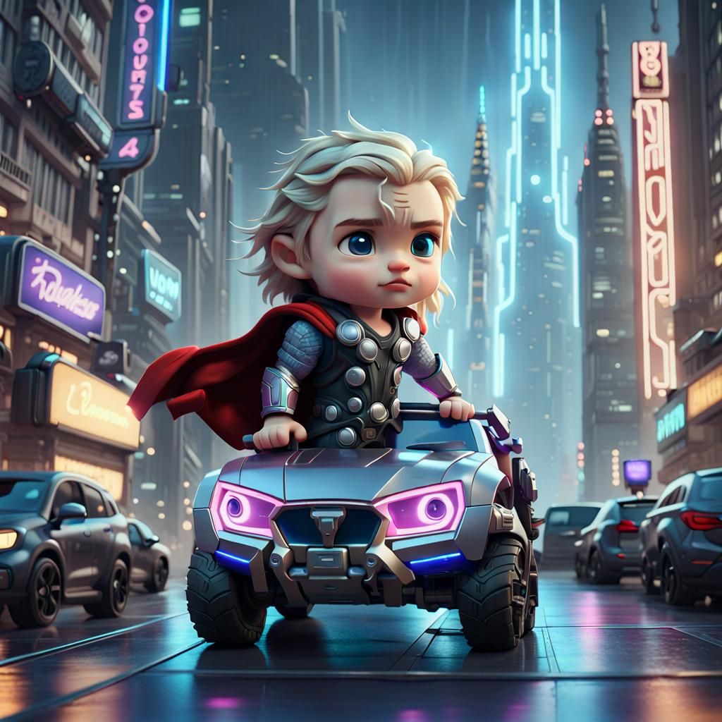 Chibi Thor in Cyberpunk Cityscape