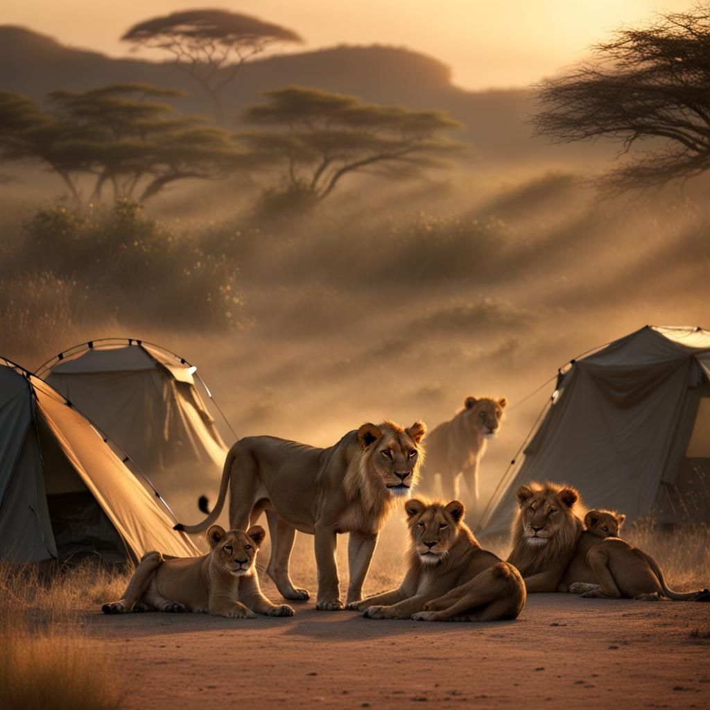 Camping in Africa with lions around, including cubs AI Generated