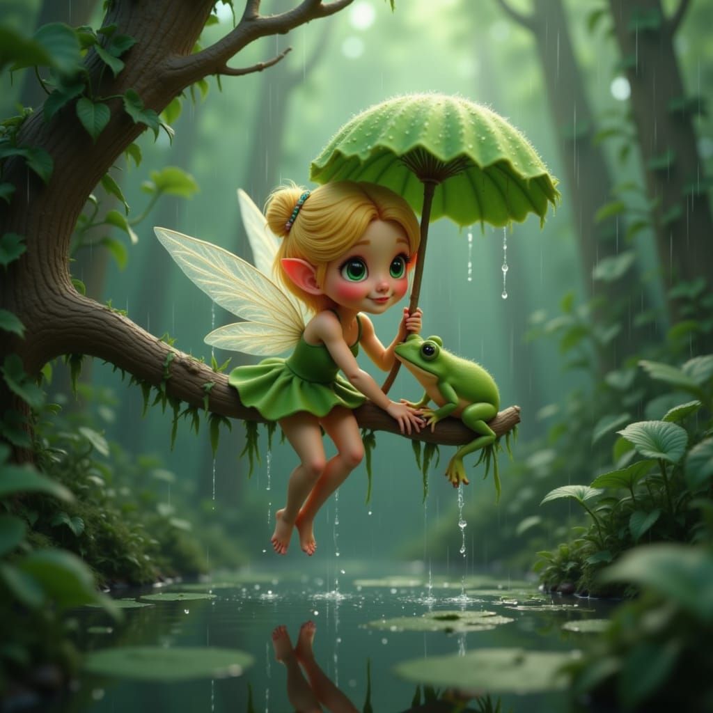 <lora:Lily Fairy Character:1.0>A fairy perched on a branch during a rainstorm, holding a lily pad like an umbrella, droplets sparkling aroun...
