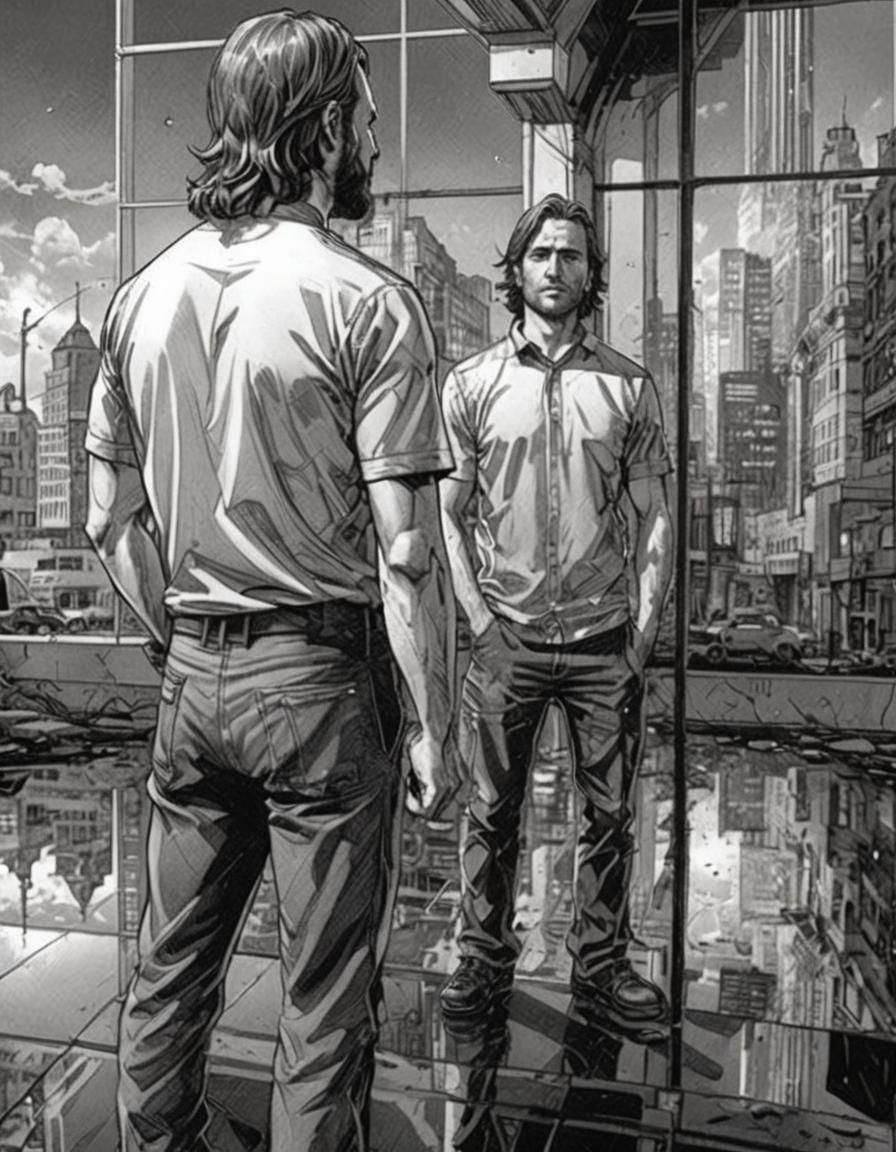 A grayscale self portrait of a man looking at his reflection...