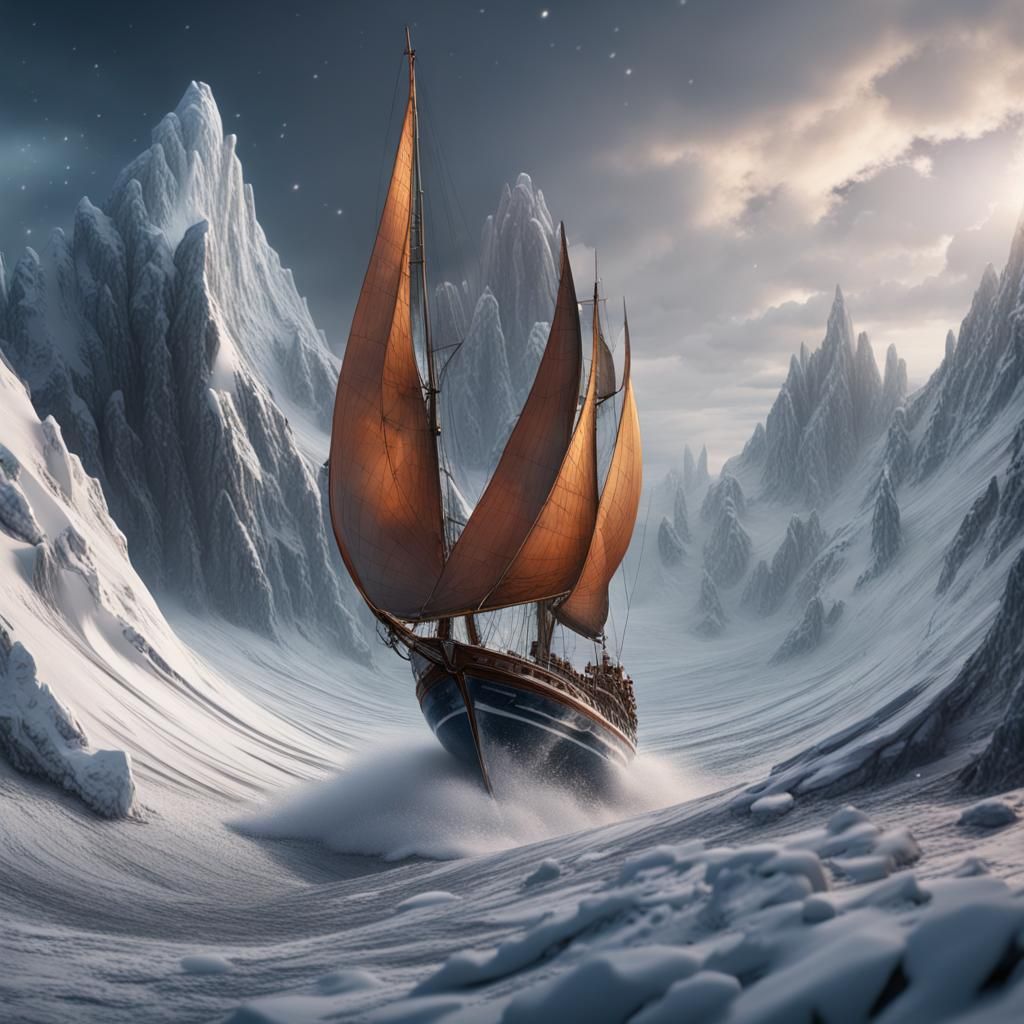 Sailboat riding a snow wave like okusai pain