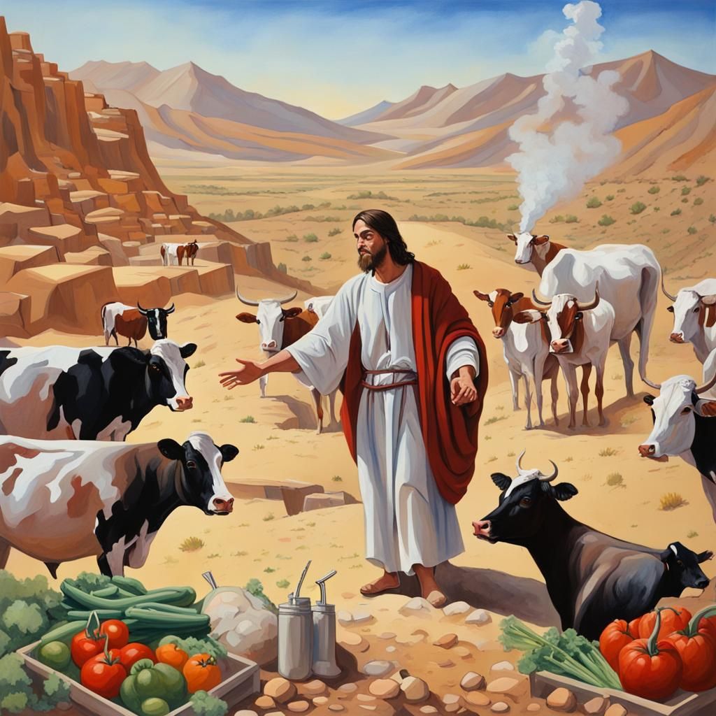 Jesus giving vegetables to humans and cows in the desert. On the
