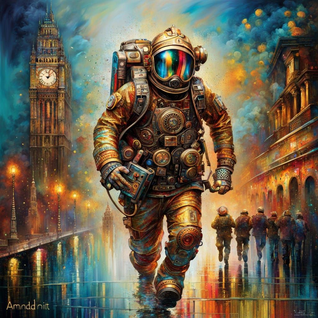 Hyperdetailed Running Fireman :: action city, iridescent clock, expressionist, mixed media, Gustav Klimt, ...  by @Designated Target