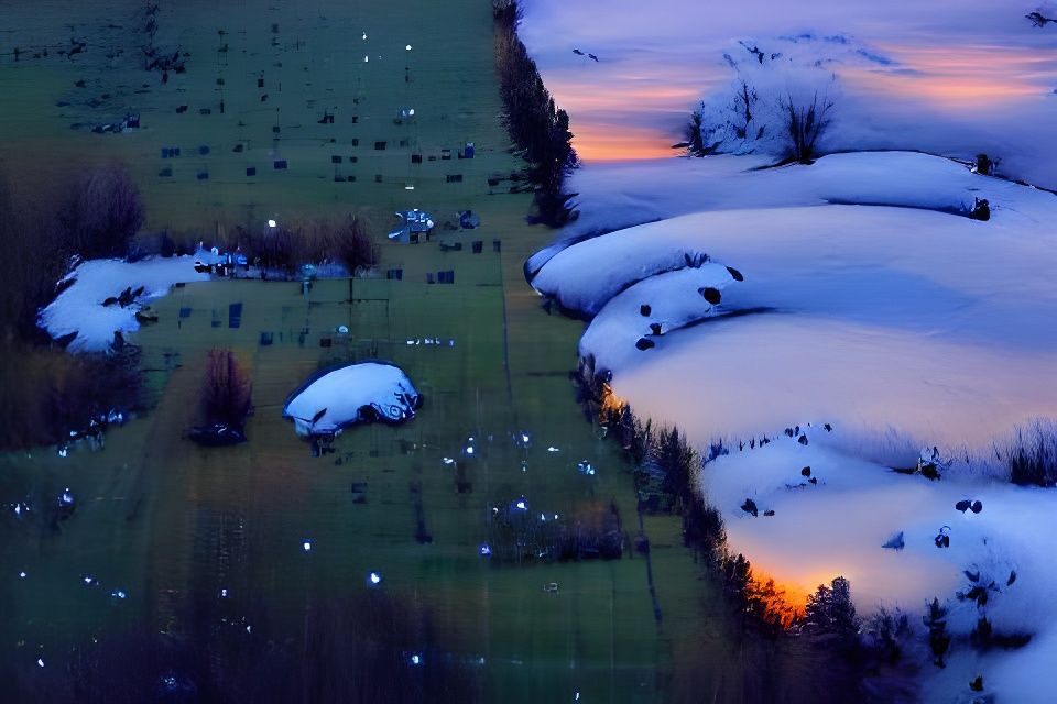 Snow covered meadow at dusk