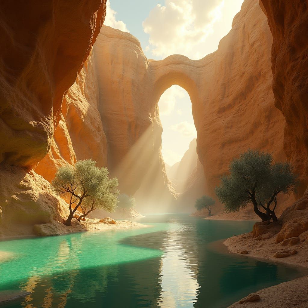 Surreal Desert Oasis with Crystalline Arches