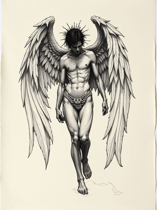 the destroying angel, detailed ink drawing, egon schiele