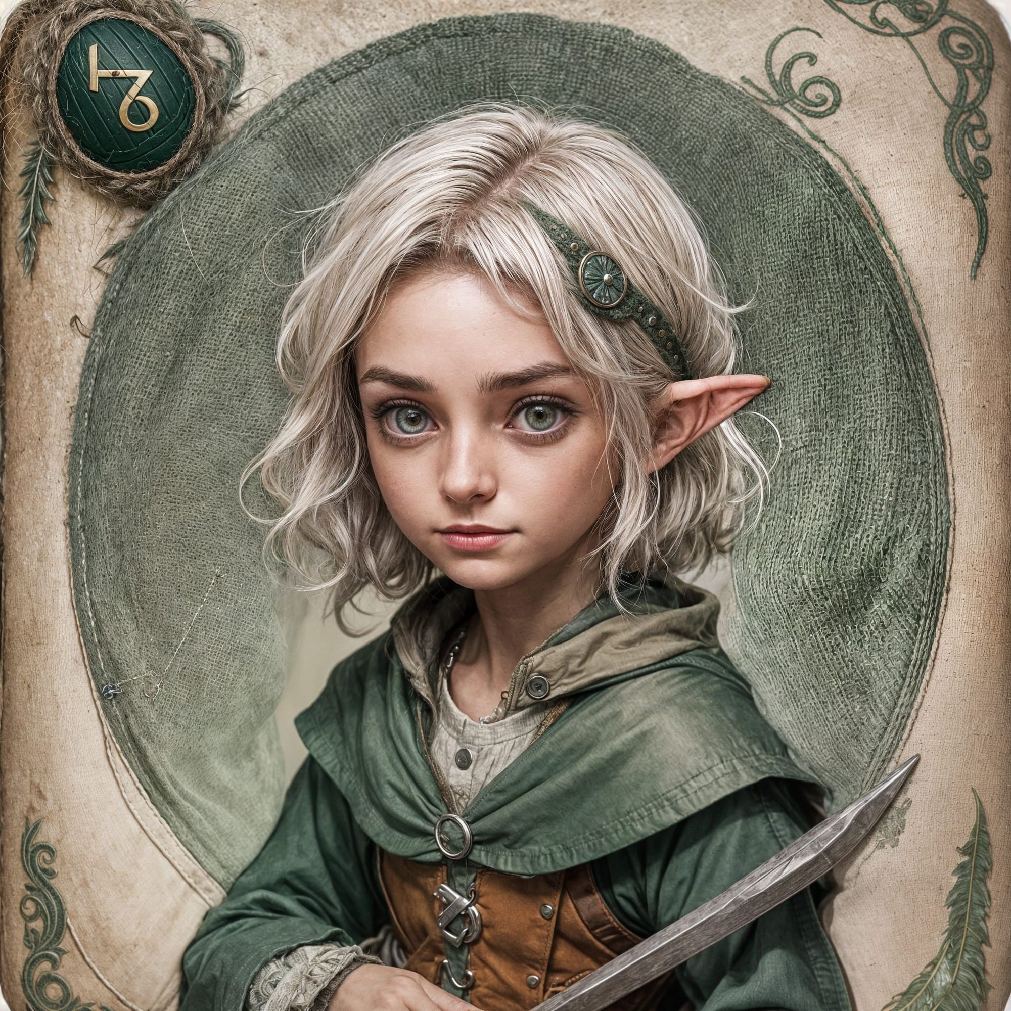 on a playing card with stats. A petite halfling hobbit rogue in her early 20s, about 3 feet tall with a lithe, agile build. fair skin with a...