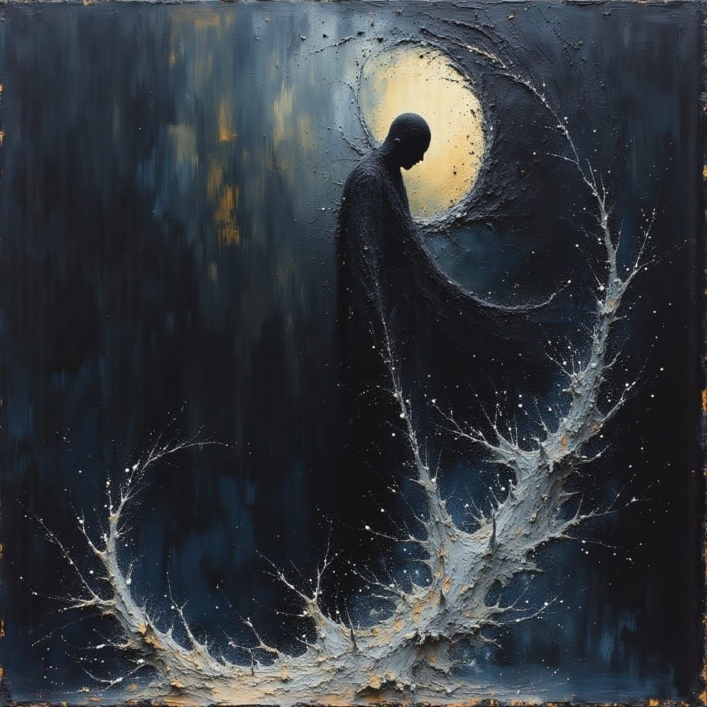 <lora:MJ6 Dark Oil Paint:1.0> Eclipse, the Twilight Wanderer: A being who exists on the border between light and darkness, embodying the ete...