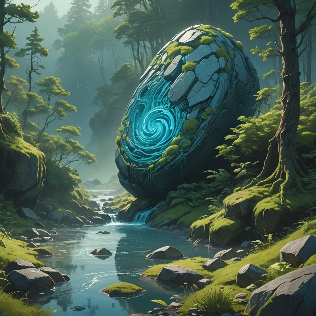 Glowing Wind Water Stone Surrounded by Greenery