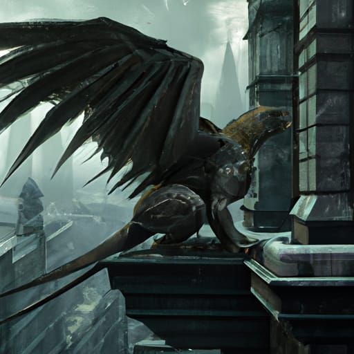 A griffin sitting atop a building looking down on the crime-...