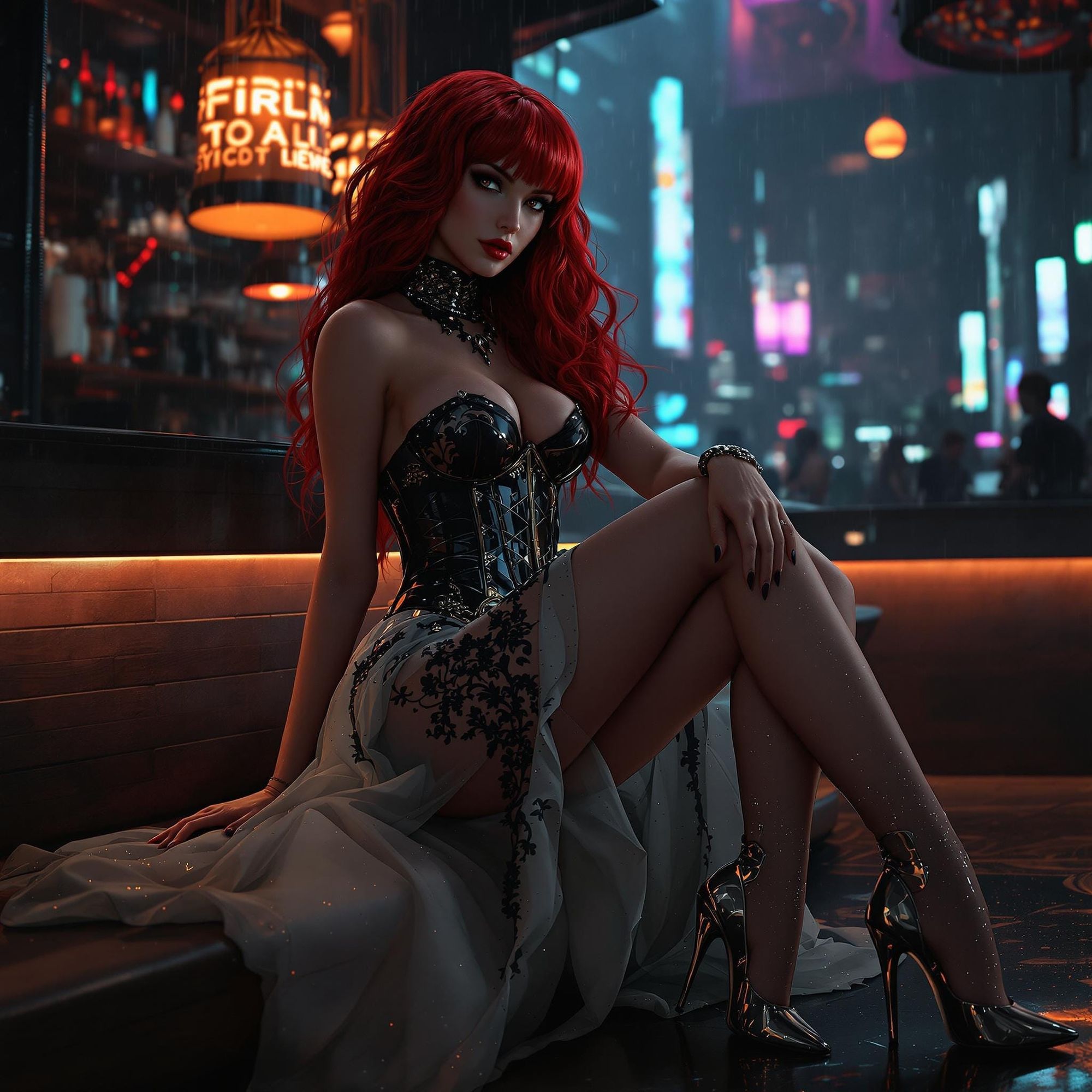 red haired lady in heeled boots, sitting in a futurist neo noir bar wearing a dress and corset