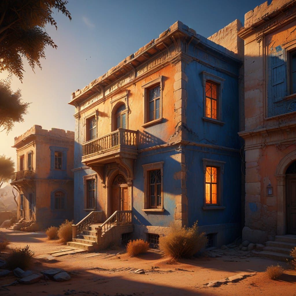 Deserted Israeli House with Vibrant Colors as Oil Painting