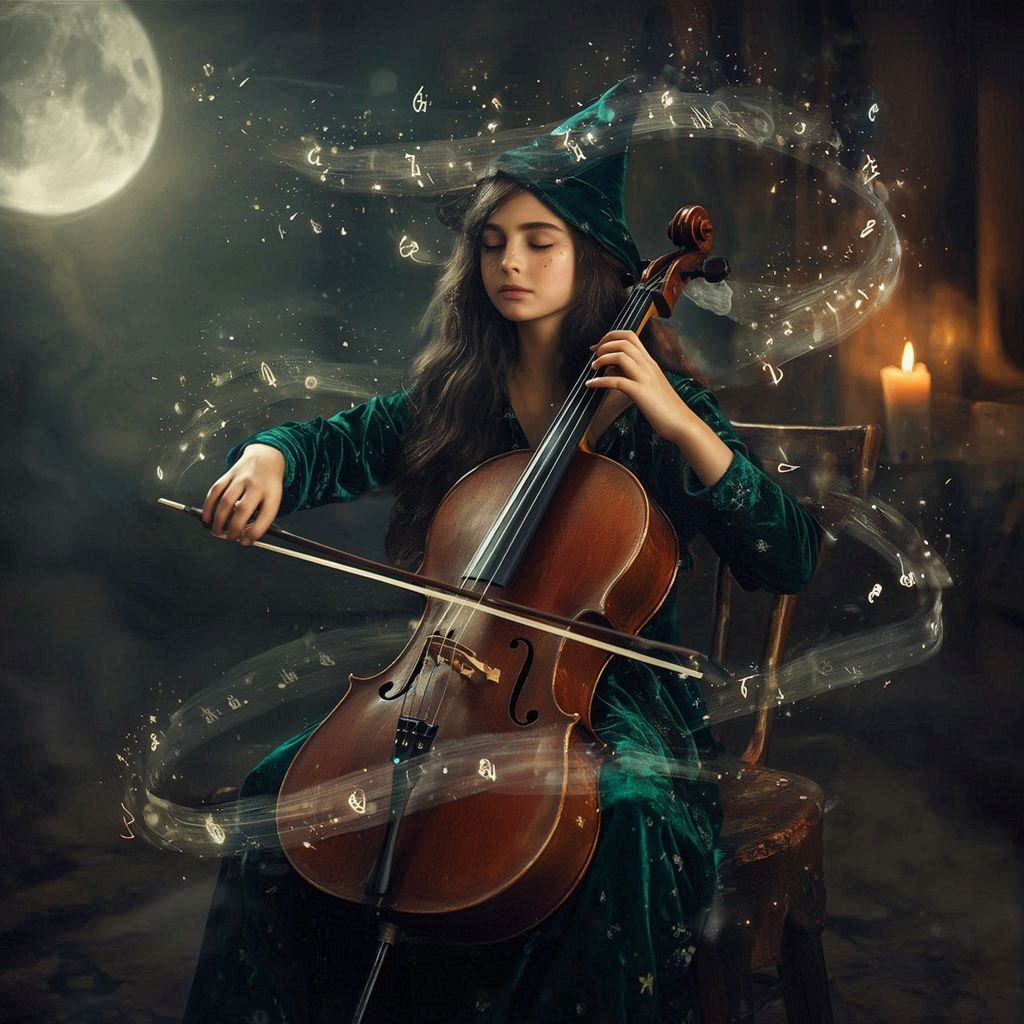 Beautiful witch-girl playing cello and making magic music