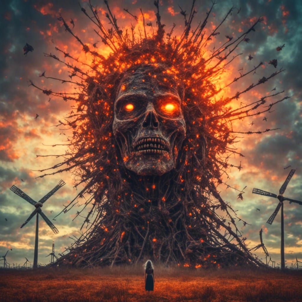 Frankenstein's Monster Windmill Double Exposure Horror Sunse...