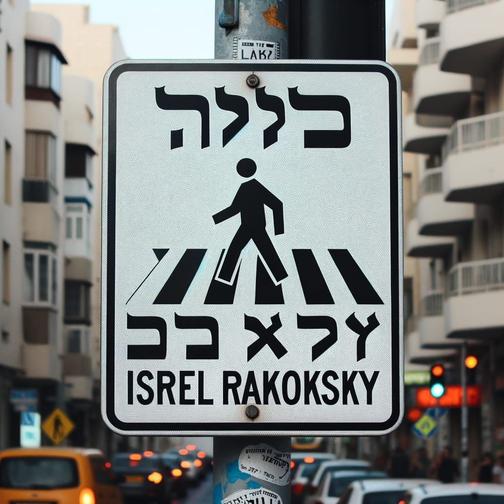 Crosswalk Sign Reads Israel Rakovsky in Hebrew Script