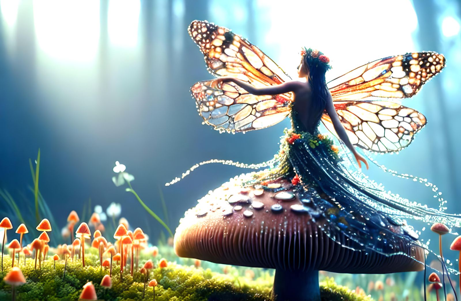 A fairy dancing on a toadstool. Her dress is made our of mor...