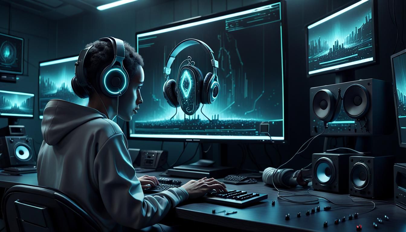 Illustrate a futuristic, dystopian scene where  headphones a...