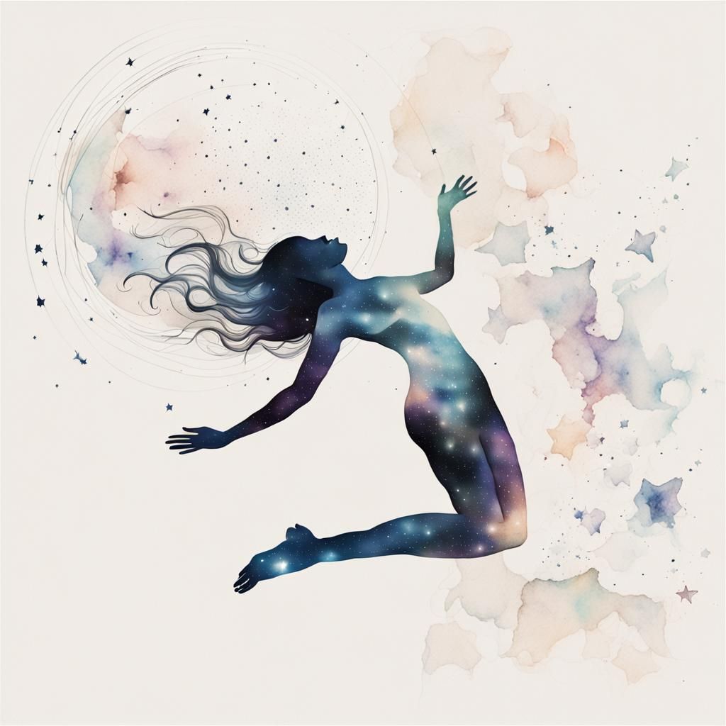 simple line drawing of graceful surrendered woman floating i...