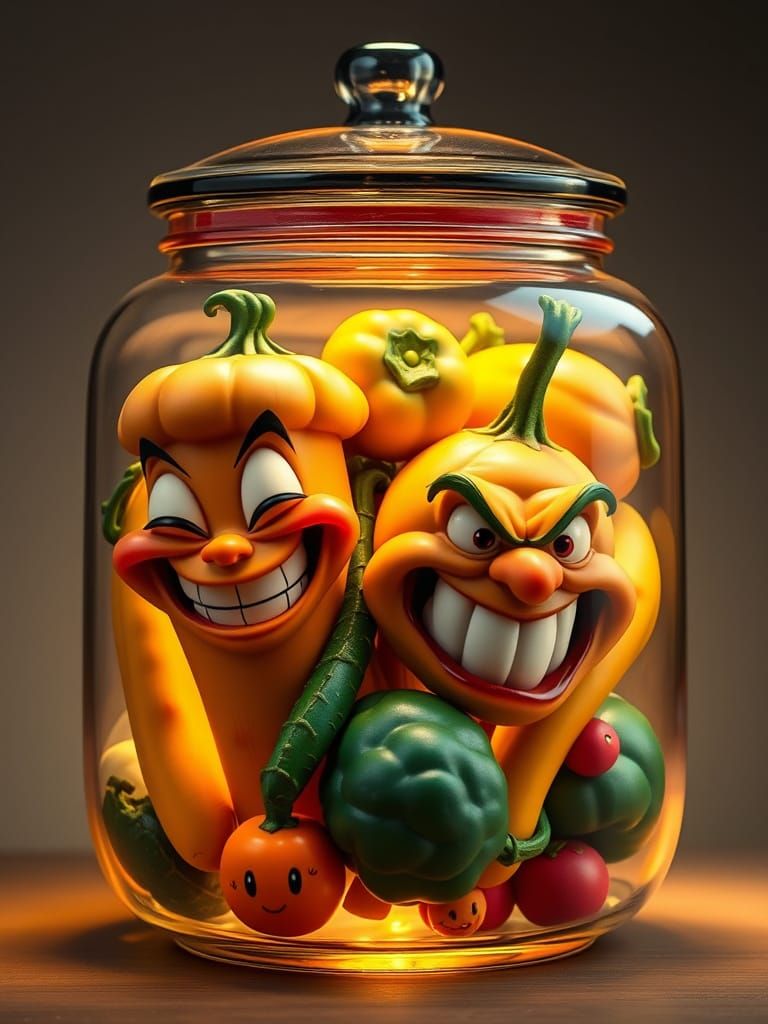 A whimsical glass canister filled with a collection vegetables  by @EHACKMANN 