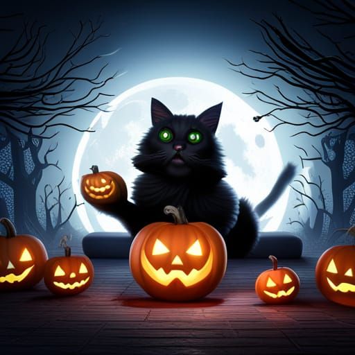 Spooky Halloween black cat having a cat party on a dark moonlit night ...