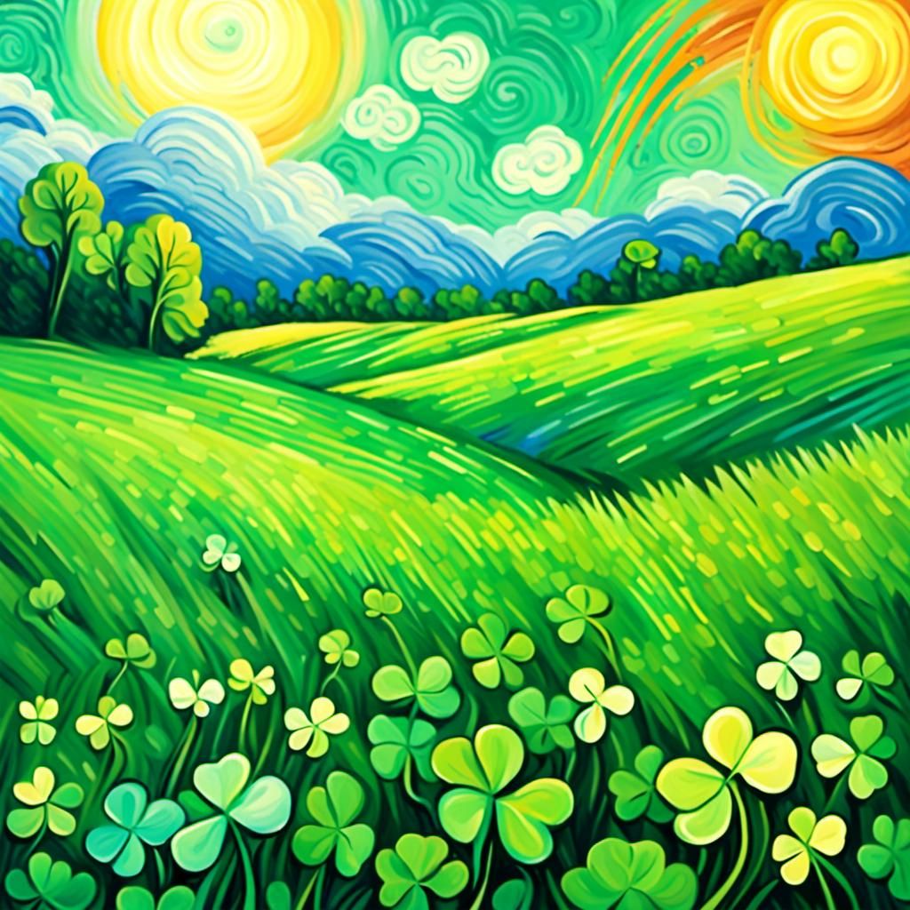 A close-up of a lush green meadow, with a single four-leaf c...