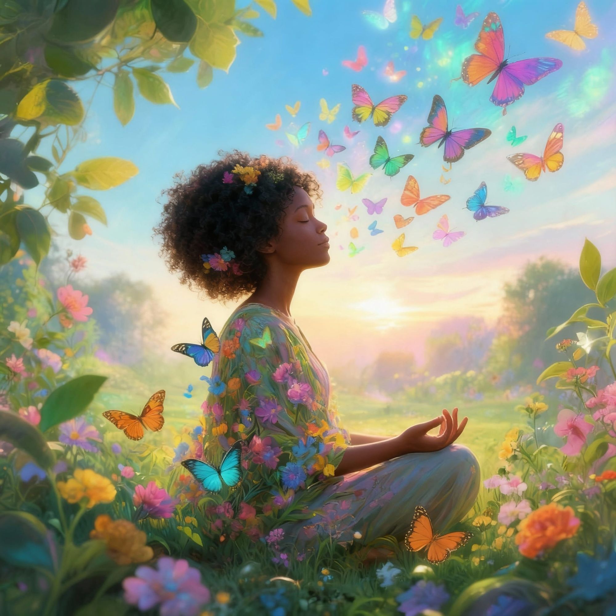 A tranquil meditation scene in a lush, vibrant garden at dawn, with soft light filtering through leaves.
​A person with a whimsical, floral ...