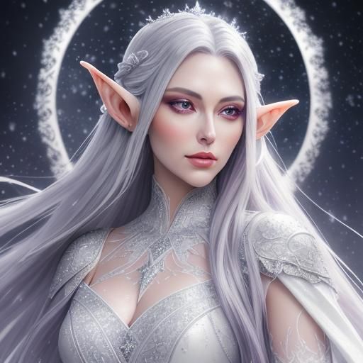 beautiful young woman,long silver hair, elven, large purple eyes, white ...