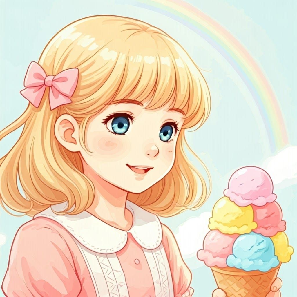 Dreamy Young Girl Enjoys Colorful Ice Cream