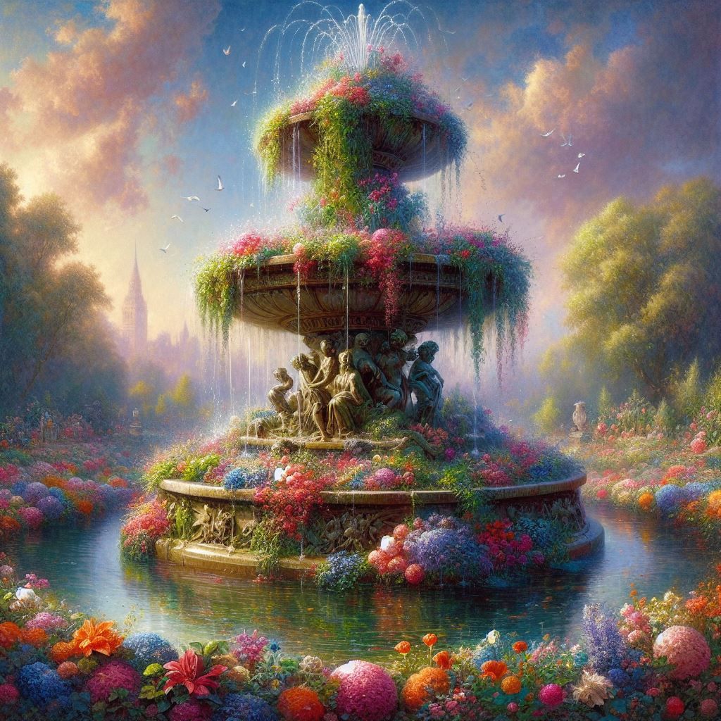 Water Fountain and Flowers